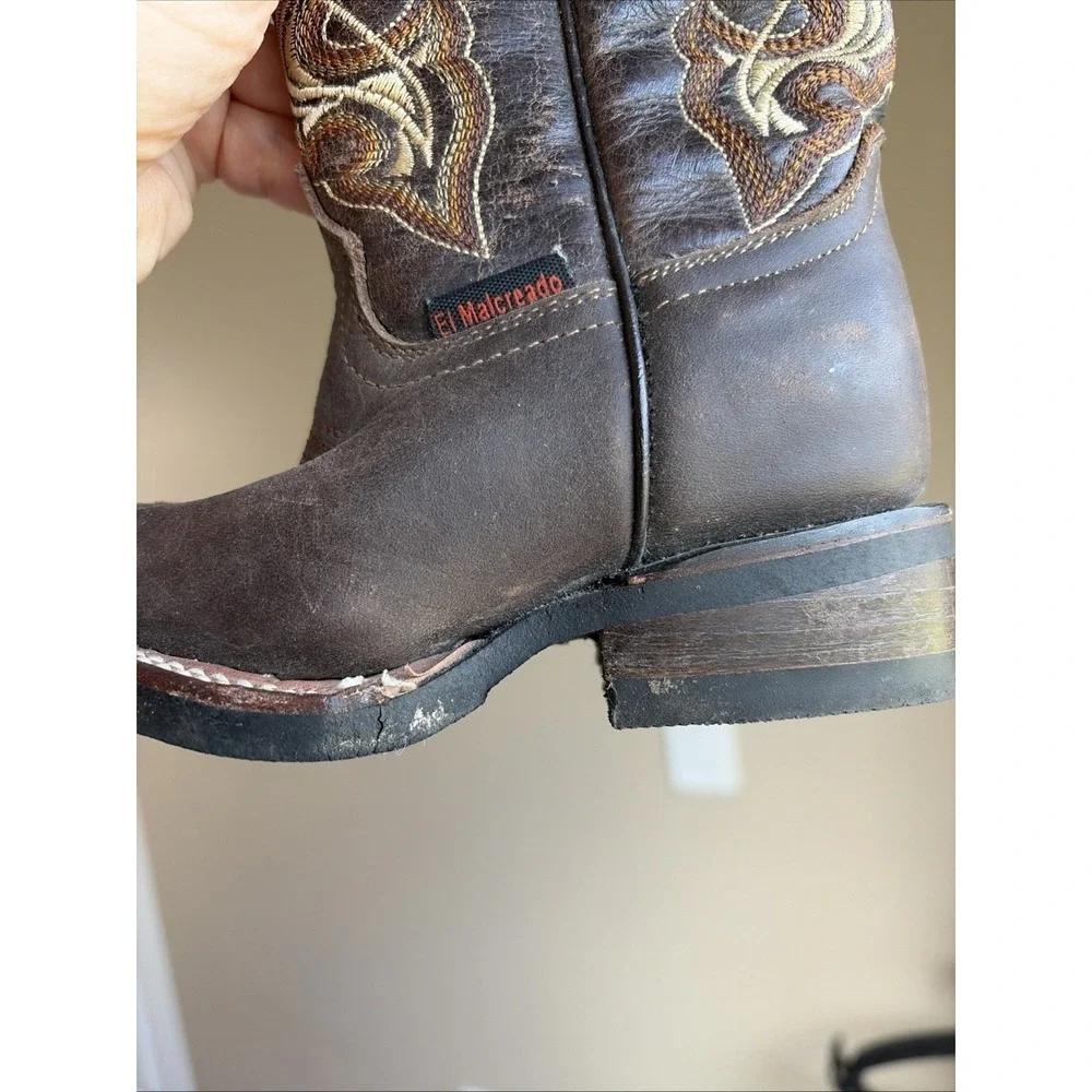 El Malcreado Square Toe Western Boots Kids Size 10 Brown Leather‎ Cowboy Western